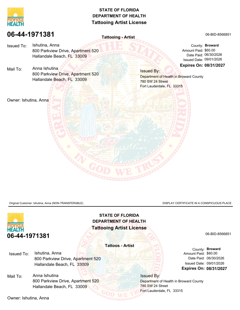 Tattooing artist license — Anna Ishutina, 06-44-1971381