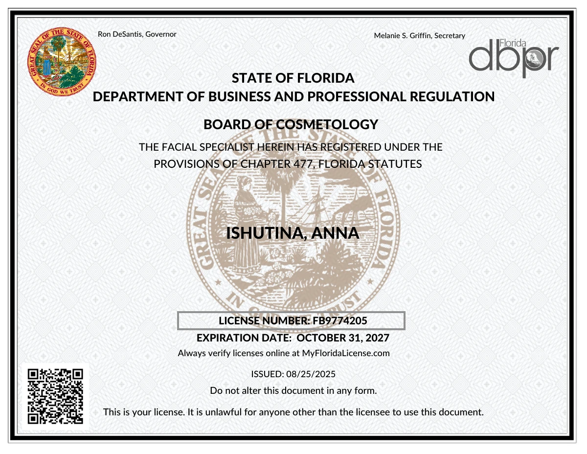 Facial specialist registration — Anna Ishutina, FB9774205
