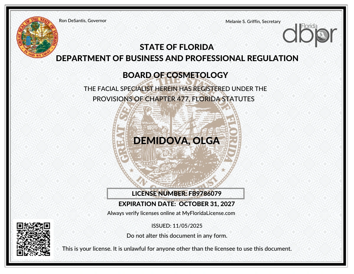 Facial specialist registration — Olga Demidova, FB9786079